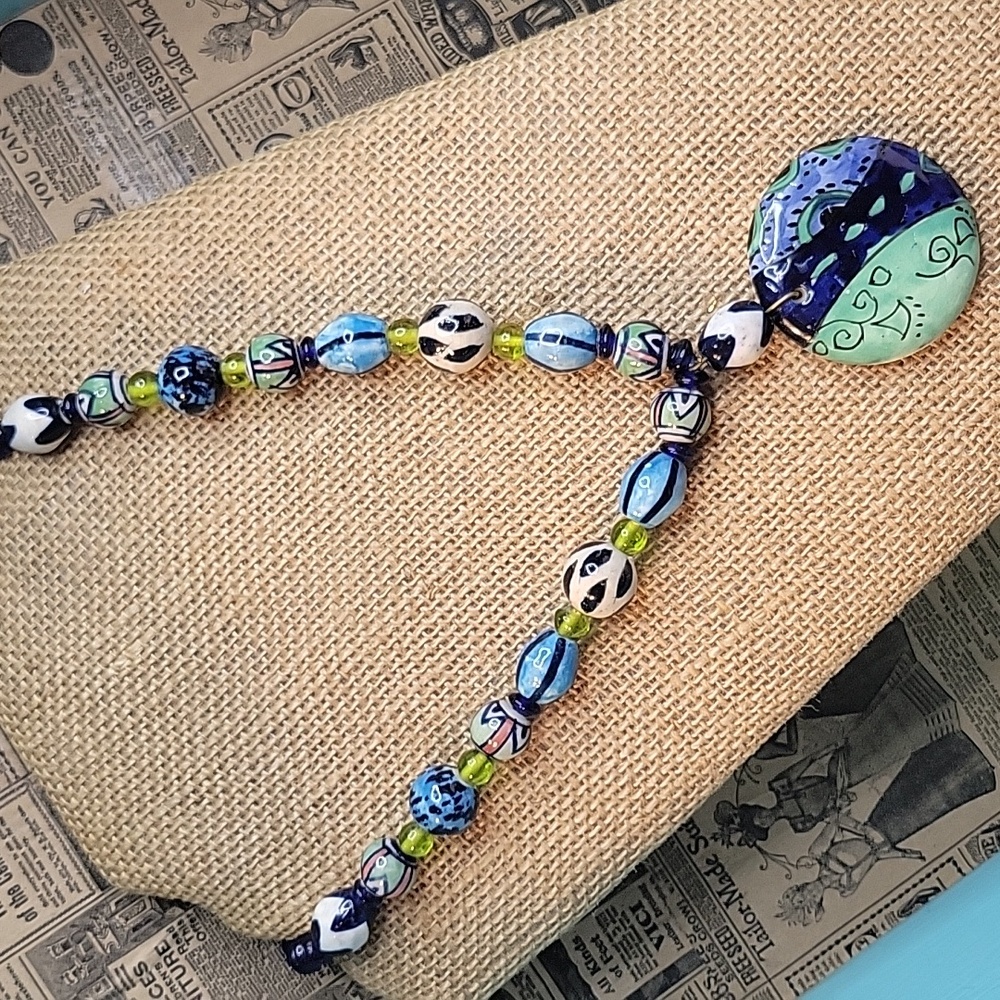 Hand Painted Ceramic & Glass Beads ~ Vtg Boho Chunky Necklace